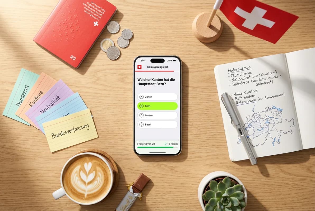 Application de test de naturalisation suisse sur iPhone avec modes d'étude et questions