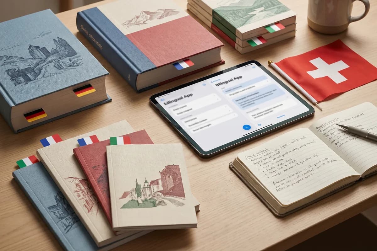 Swiss citizenship test study materials in English, French and Italian — a multilingual handbook and study app on a desk with the Swiss flag