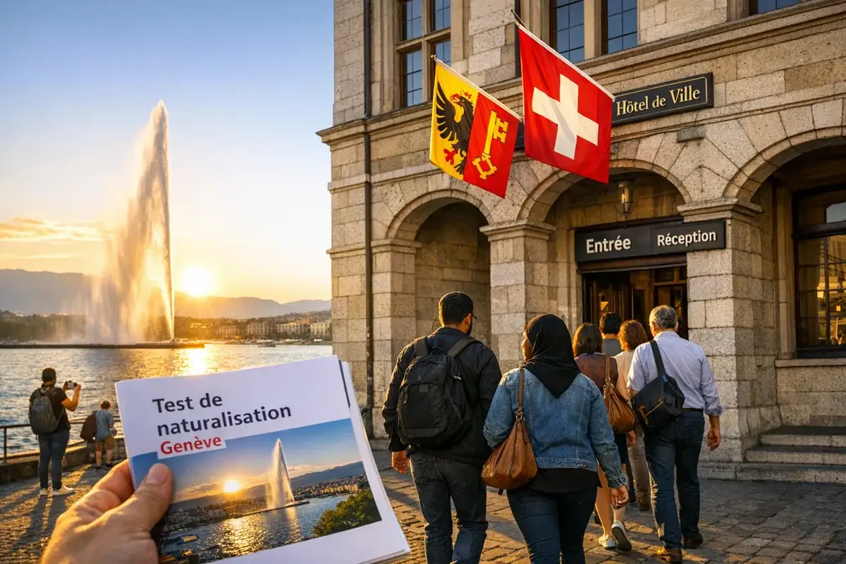 Genfer Rathaus mit Jet d eau Fontane