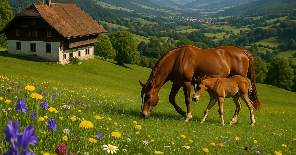 Die sanften Juraberge mit traditionellen Bauernhaeusern und weidenden Pferden, repraesentativ fuer den Kanton Jura, wo Einbuergerungstests stattfinden