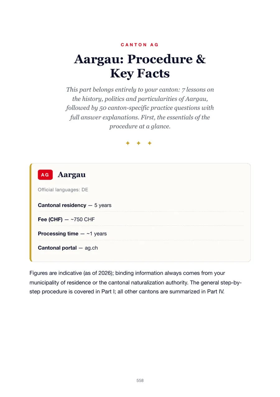 Page from the Aargau edition of the Swiss citizenship test handbook showing the residency requirement, fees, processing time and cantonal portal