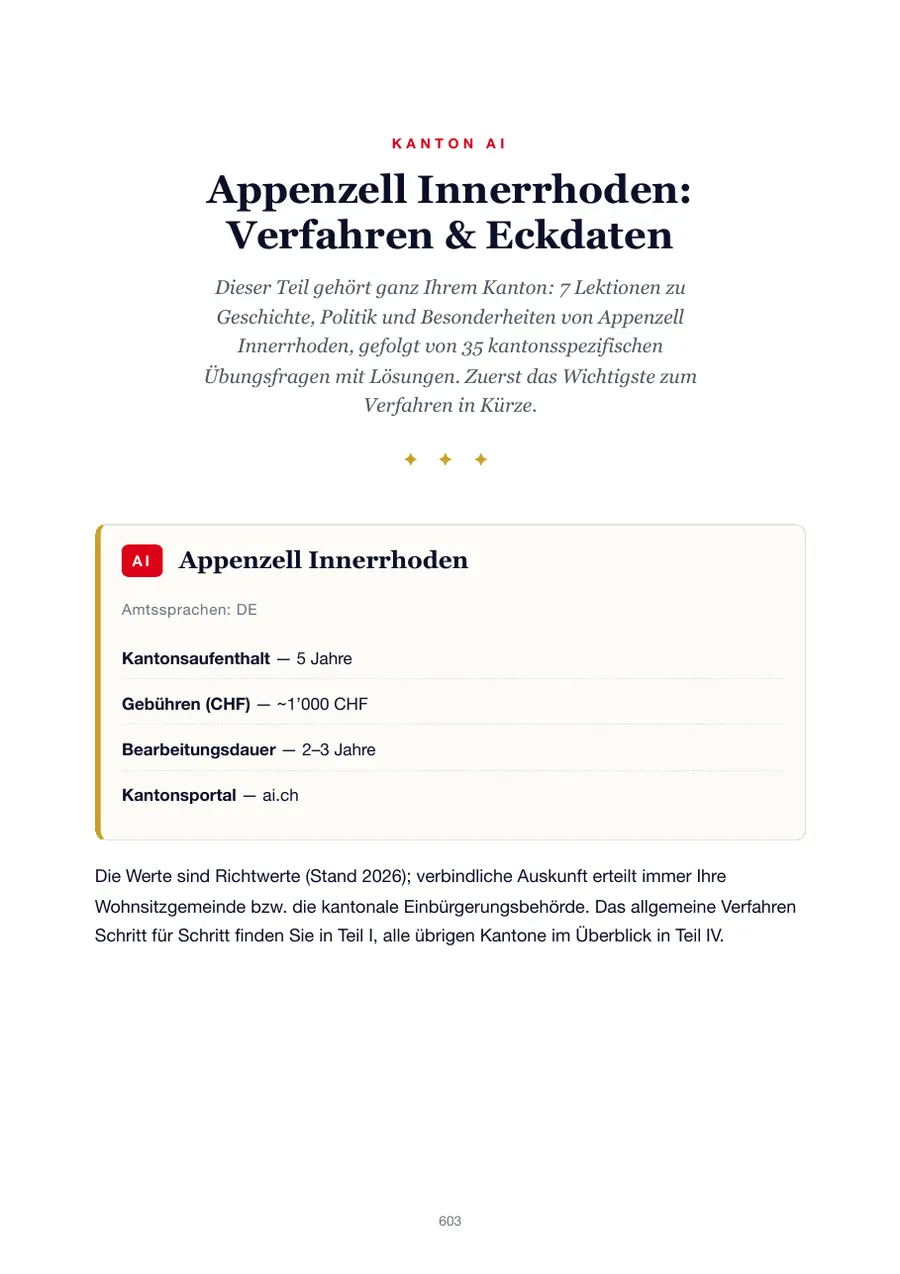 Seite aus der Appenzell Innerrhoden-Ausgabe des Einbürgerungstest-Handbuchs mit Wohnsitzfrist, Gebühren, Bearbeitungsdauer und Kantonsportal