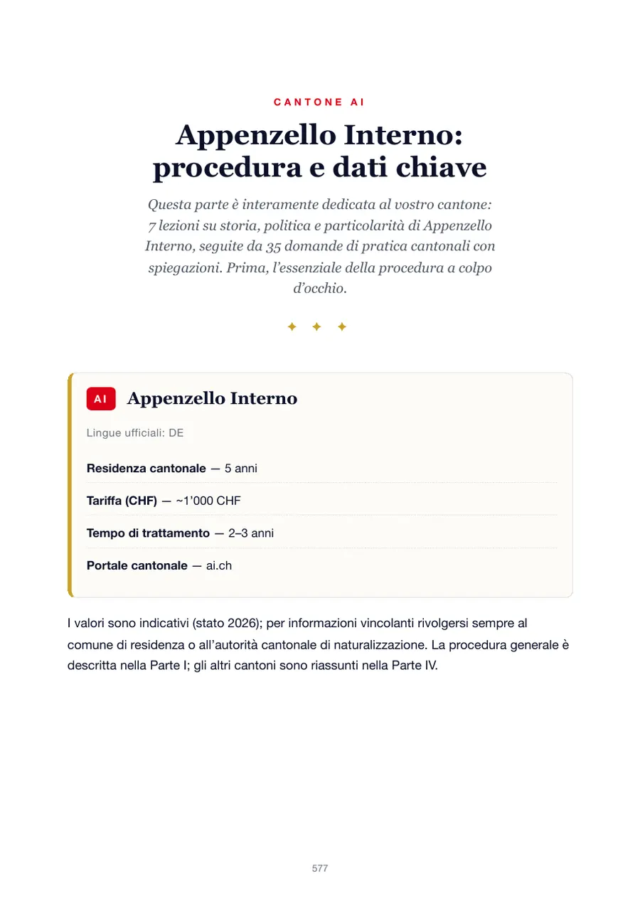 Pagina dell'edizione Appenzello Interno del manuale del test di naturalizzazione con anni di residenza, tasse, tempi di trattamento e portale cantonale