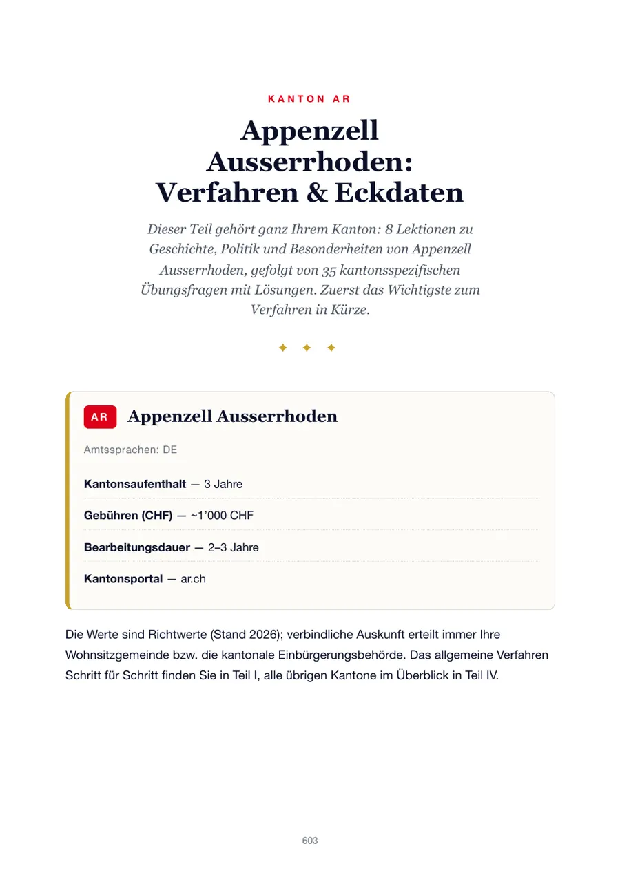 Seite aus der Appenzell Ausserrhoden-Ausgabe des Einbürgerungstest-Handbuchs mit Wohnsitzfrist, Gebühren, Bearbeitungsdauer und Kantonsportal