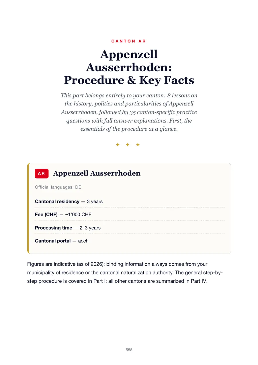 Page from the Appenzell Ausserrhoden edition of the Swiss citizenship test handbook showing the residency requirement, fees, processing time and cantonal portal