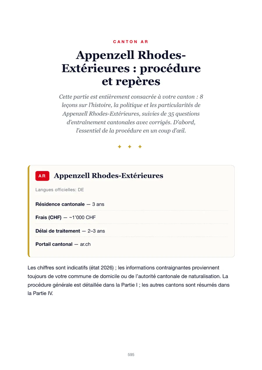 Page de l'édition Appenzell Rhodes-Extérieures du manuel du test de naturalisation avec durée de résidence, frais, délai de traitement et portail cantonal