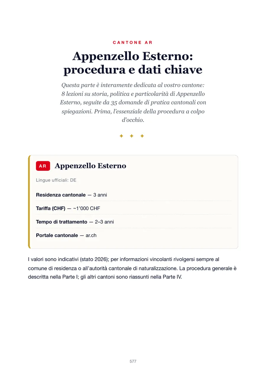 Pagina dell'edizione Appenzello Esterno del manuale del test di naturalizzazione con anni di residenza, tasse, tempi di trattamento e portale cantonale