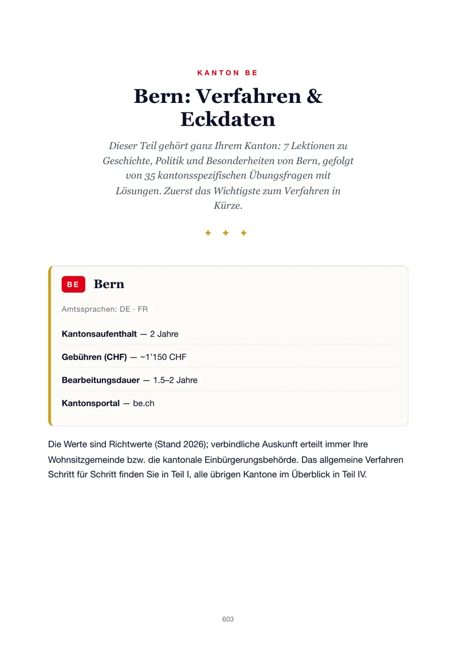 Seite aus der Bern-Ausgabe des Einbürgerungstest-Handbuchs mit Wohnsitzfrist, Gebühren, Bearbeitungsdauer und Kantonsportal