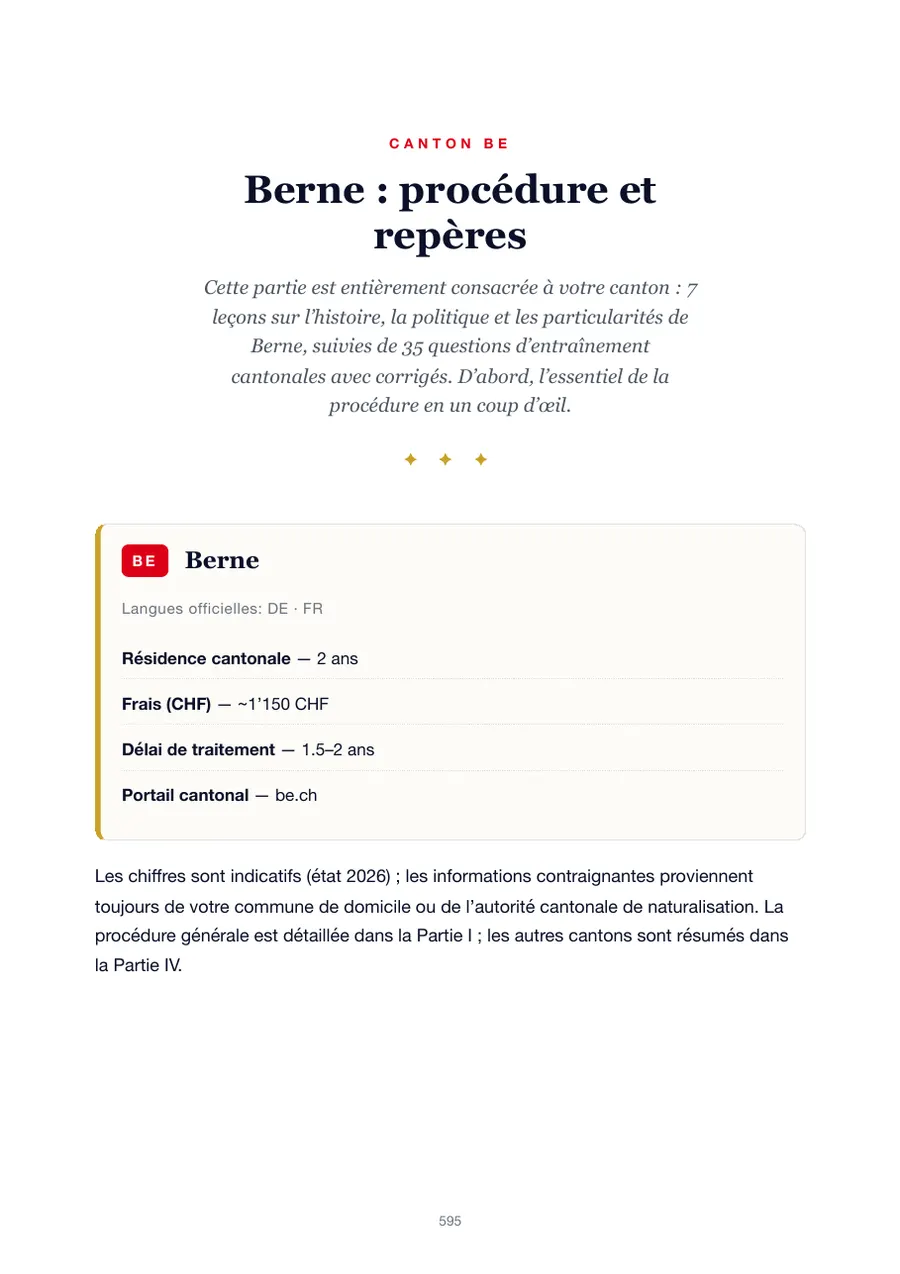Page de l'édition Berne du manuel du test de naturalisation avec durée de résidence, frais, délai de traitement et portail cantonal