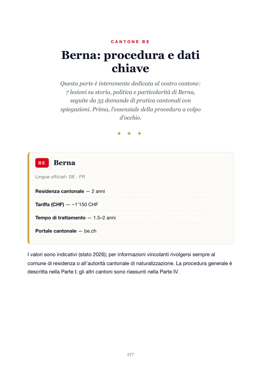Pagina dell'edizione Berna del manuale del test di naturalizzazione con anni di residenza, tasse, tempi di trattamento e portale cantonale