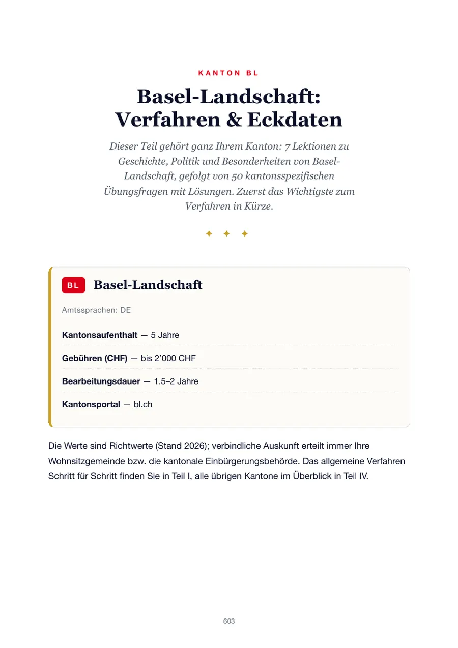 Seite aus der Basel-Landschaft-Ausgabe des Einbürgerungstest-Handbuchs mit Wohnsitzfrist, Gebühren, Bearbeitungsdauer und Kantonsportal