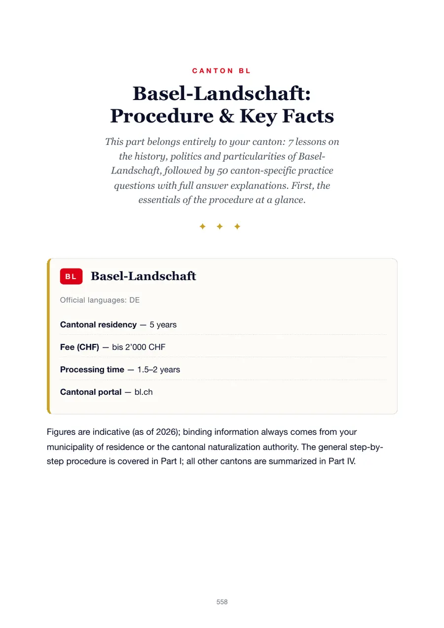 Page from the Basel-Landschaft edition of the Swiss citizenship test handbook showing the residency requirement, fees, processing time and cantonal portal