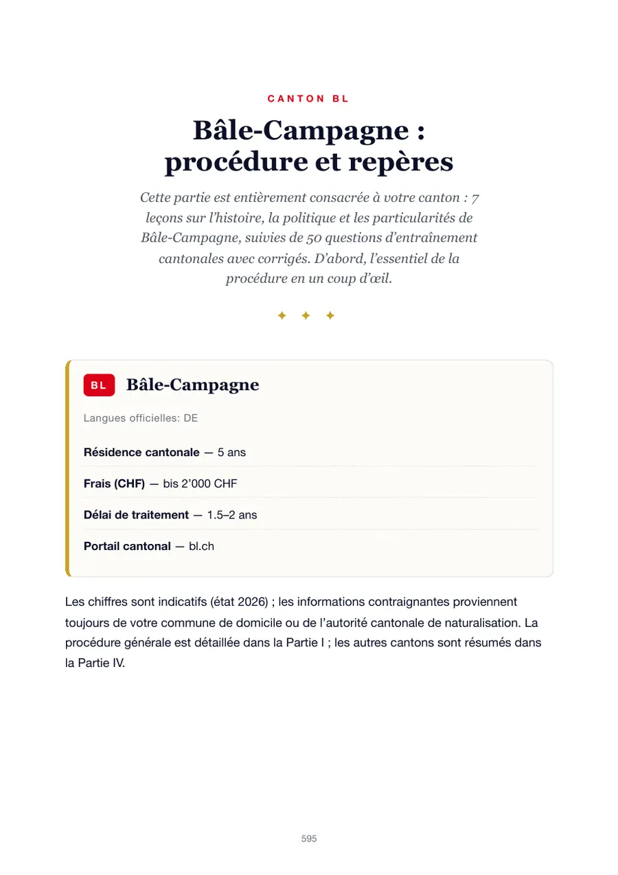 Page de l'édition Bâle-Campagne du manuel du test de naturalisation avec durée de résidence, frais, délai de traitement et portail cantonal