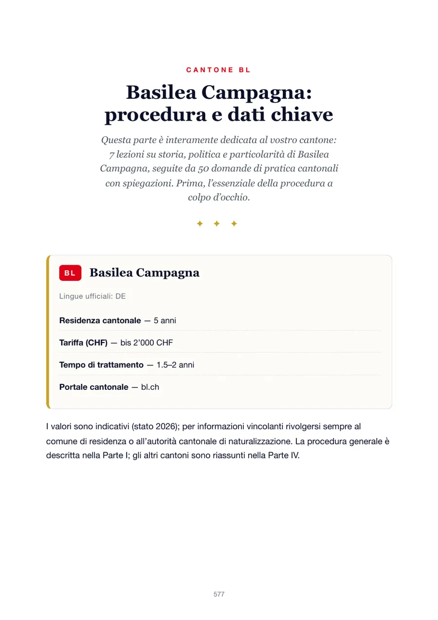 Pagina dell'edizione Basilea Campagna del manuale del test di naturalizzazione con anni di residenza, tasse, tempi di trattamento e portale cantonale