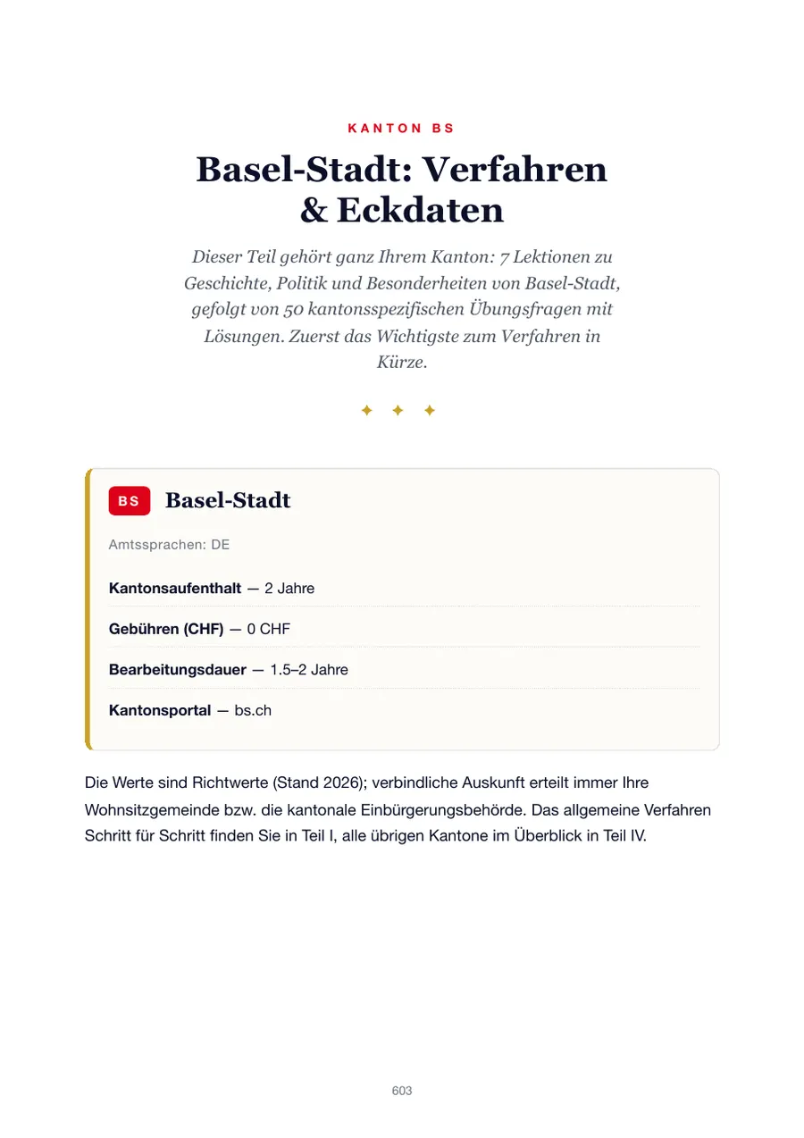 Seite aus der Basel-Stadt-Ausgabe des Einbürgerungstest-Handbuchs mit Wohnsitzfrist, Gebühren, Bearbeitungsdauer und Kantonsportal