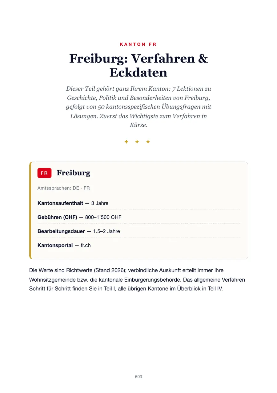 Seite aus der Freiburg-Ausgabe des Einbürgerungstest-Handbuchs mit Wohnsitzfrist, Gebühren, Bearbeitungsdauer und Kantonsportal