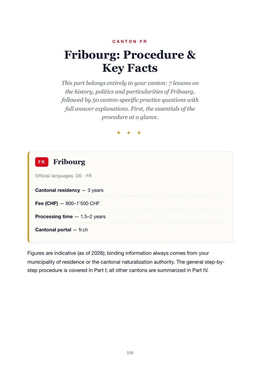 Page from the Fribourg edition of the Swiss citizenship test handbook showing the residency requirement, fees, processing time and cantonal portal