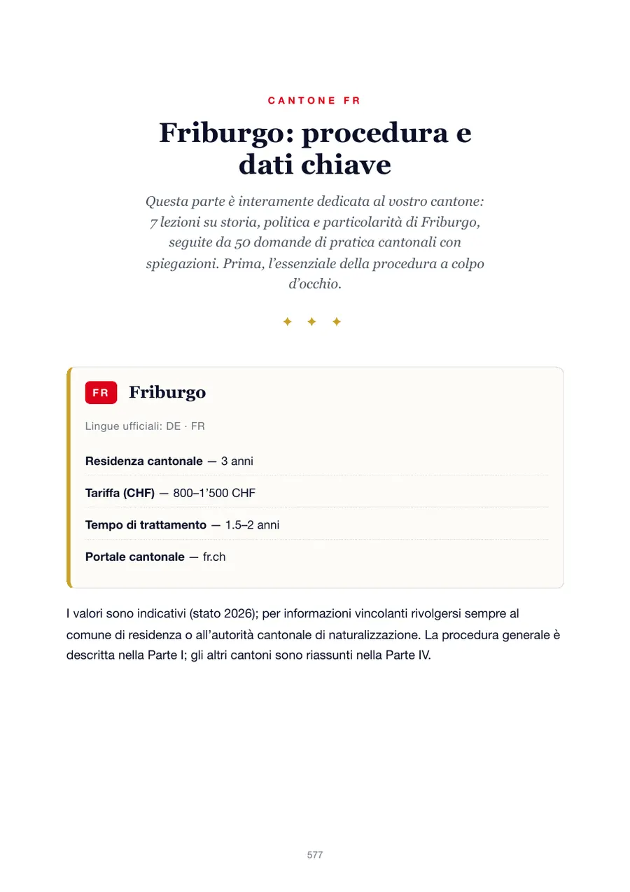Pagina dell'edizione Friburgo del manuale del test di naturalizzazione con anni di residenza, tasse, tempi di trattamento e portale cantonale