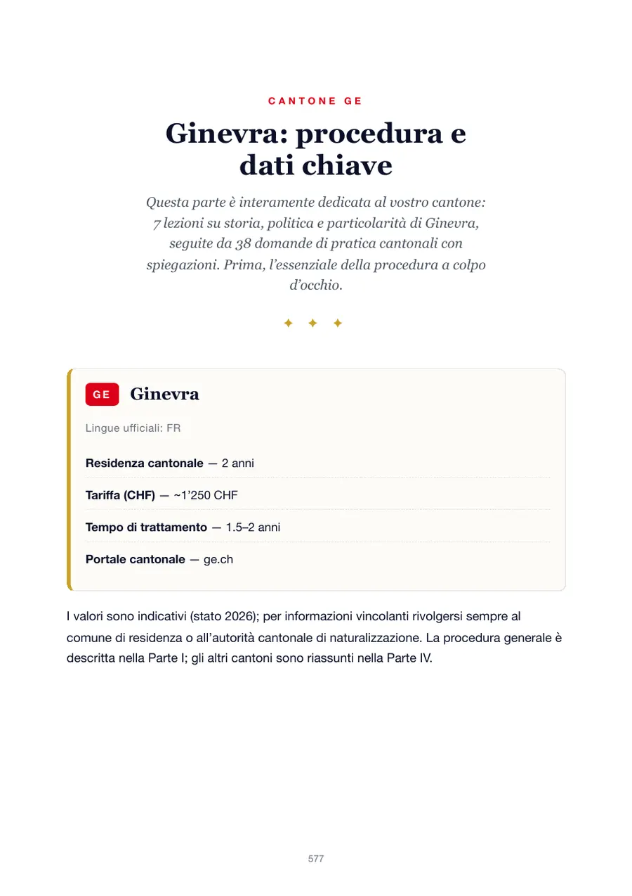 Pagina dell'edizione Ginevra del manuale del test di naturalizzazione con anni di residenza, tasse, tempi di trattamento e portale cantonale