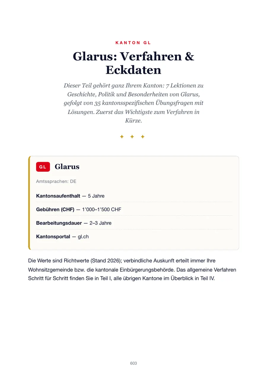 Seite aus der Glarus-Ausgabe des Einbürgerungstest-Handbuchs mit Wohnsitzfrist, Gebühren, Bearbeitungsdauer und Kantonsportal