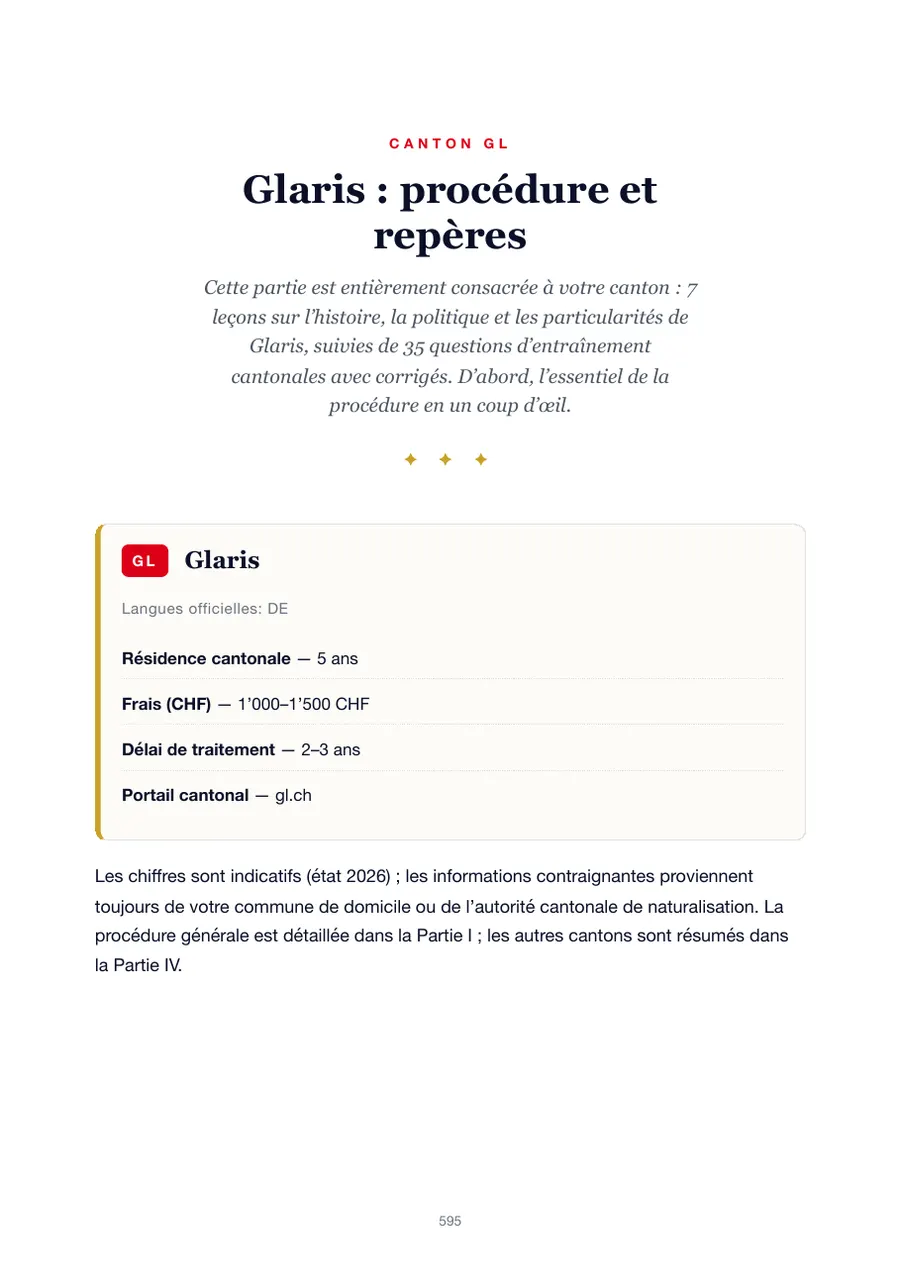 Page de l'édition Glaris du manuel du test de naturalisation avec durée de résidence, frais, délai de traitement et portail cantonal