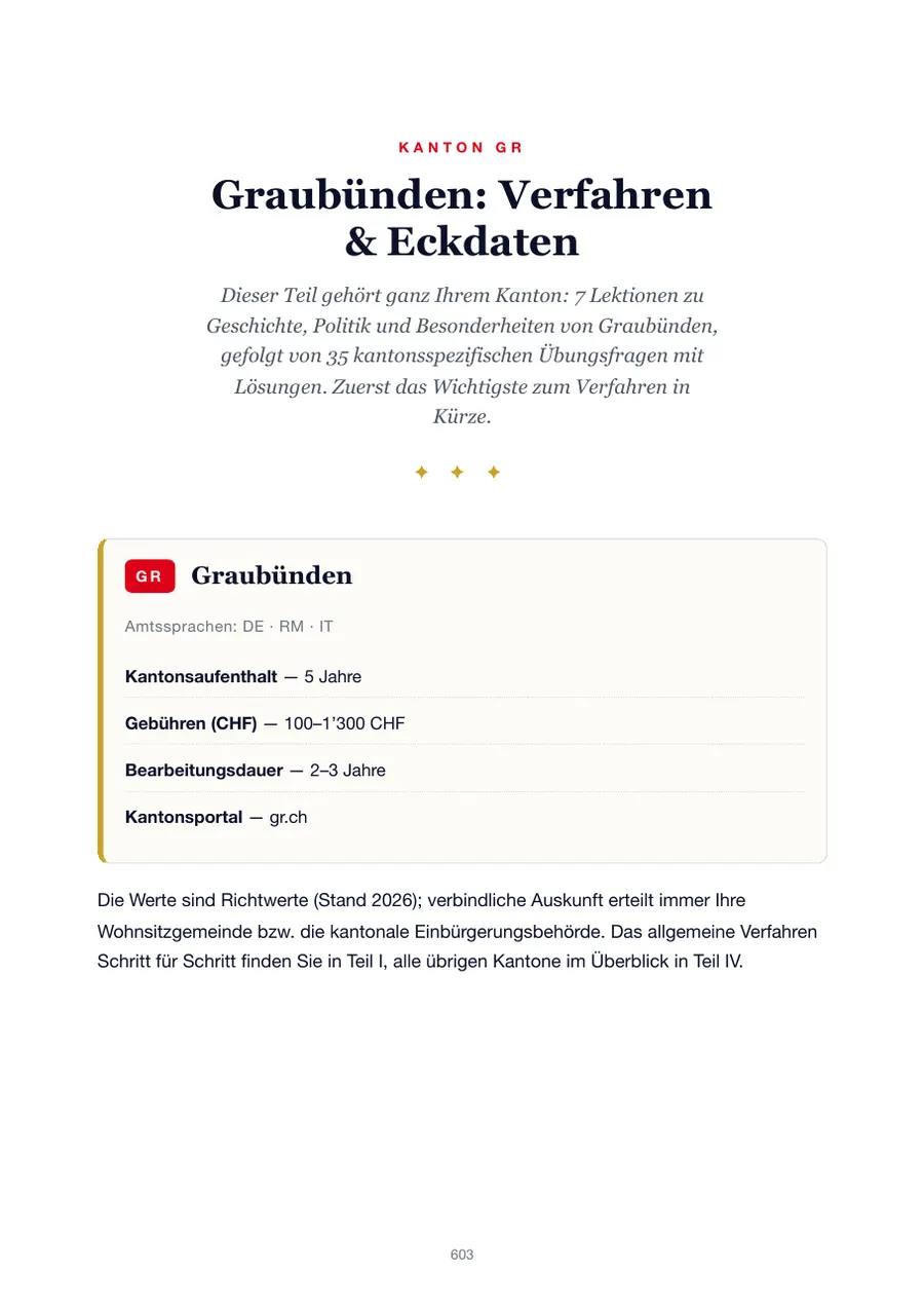 Seite aus der Graubünden-Ausgabe des Einbürgerungstest-Handbuchs mit Wohnsitzfrist, Gebühren, Bearbeitungsdauer und Kantonsportal