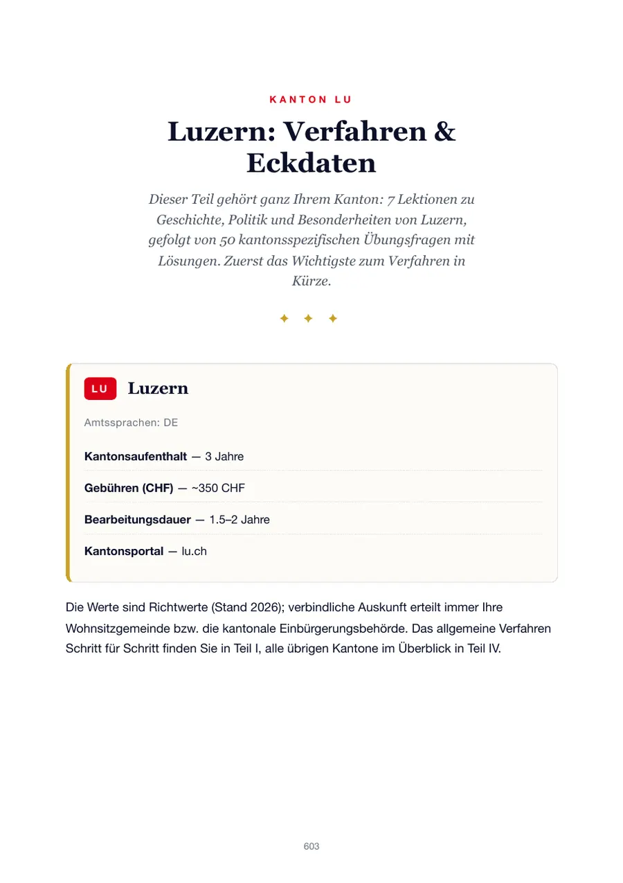 Seite aus der Luzern-Ausgabe des Einbürgerungstest-Handbuchs mit Wohnsitzfrist, Gebühren, Bearbeitungsdauer und Kantonsportal