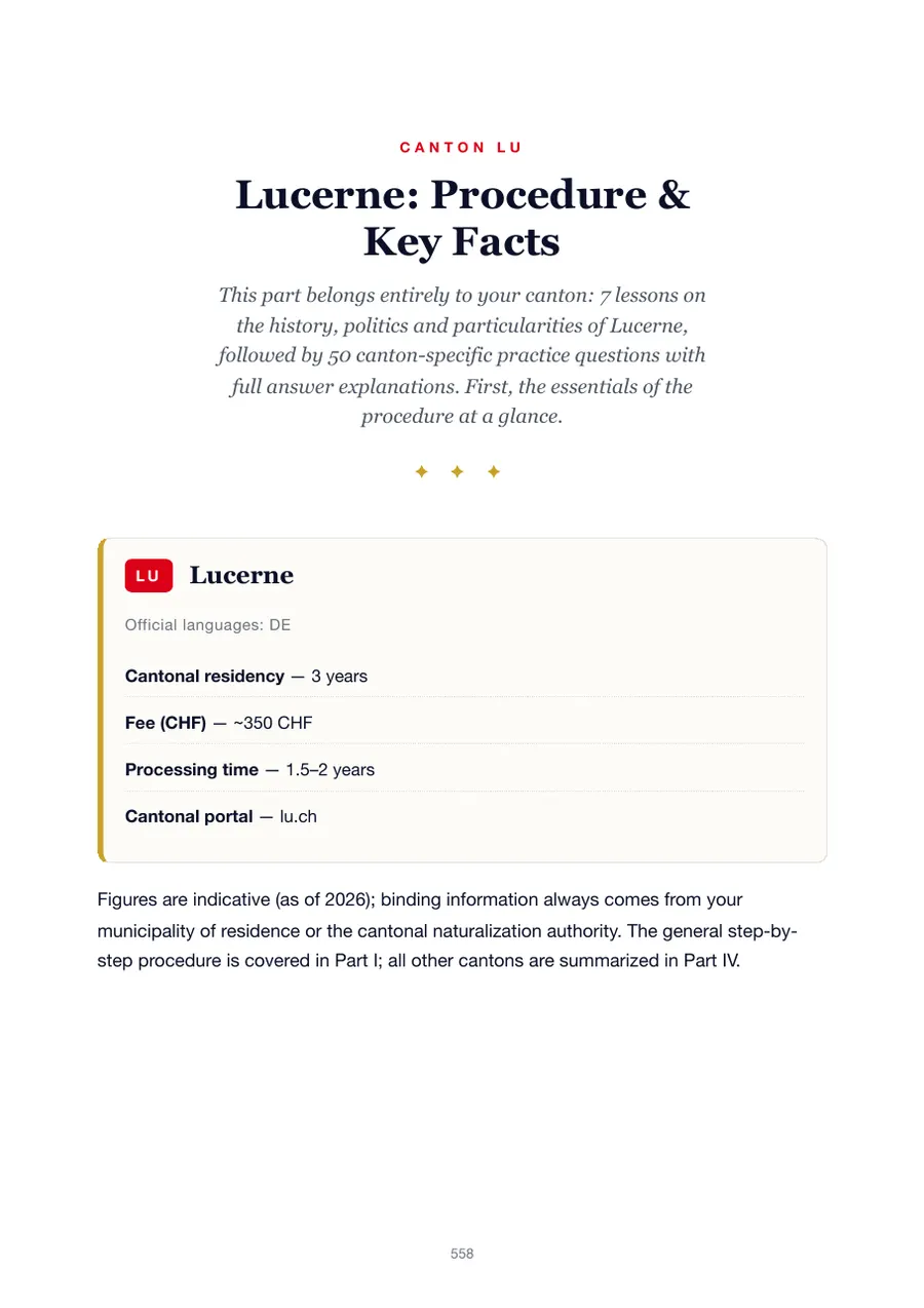 Page from the Lucerne edition of the Swiss citizenship test handbook showing the residency requirement, fees, processing time and cantonal portal