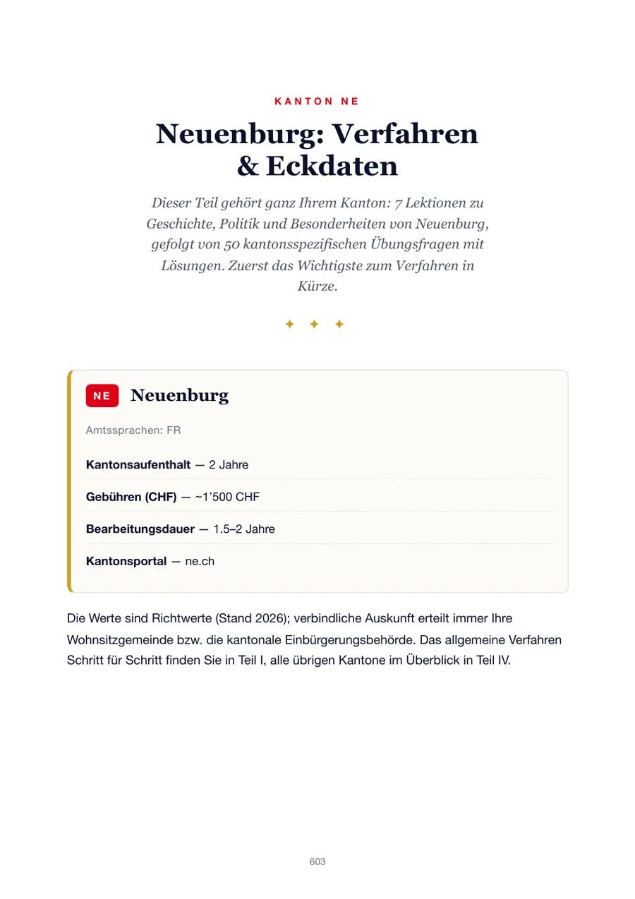 Seite aus der Neuenburg-Ausgabe des Einbürgerungstest-Handbuchs mit Wohnsitzfrist, Gebühren, Bearbeitungsdauer und Kantonsportal