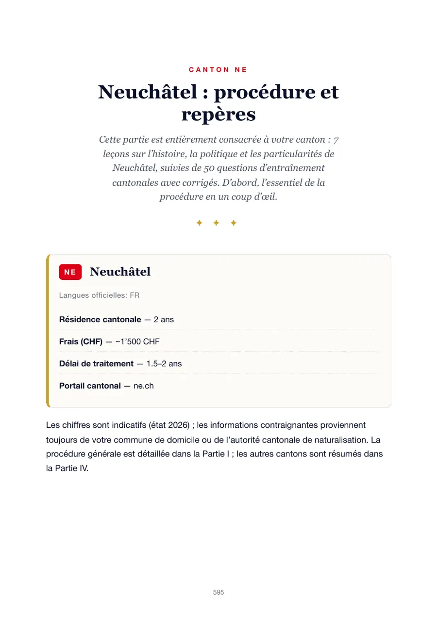 Page de l'édition Neuchâtel du manuel du test de naturalisation avec durée de résidence, frais, délai de traitement et portail cantonal