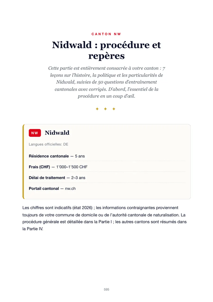 Page de l'édition Nidwald du manuel du test de naturalisation avec durée de résidence, frais, délai de traitement et portail cantonal