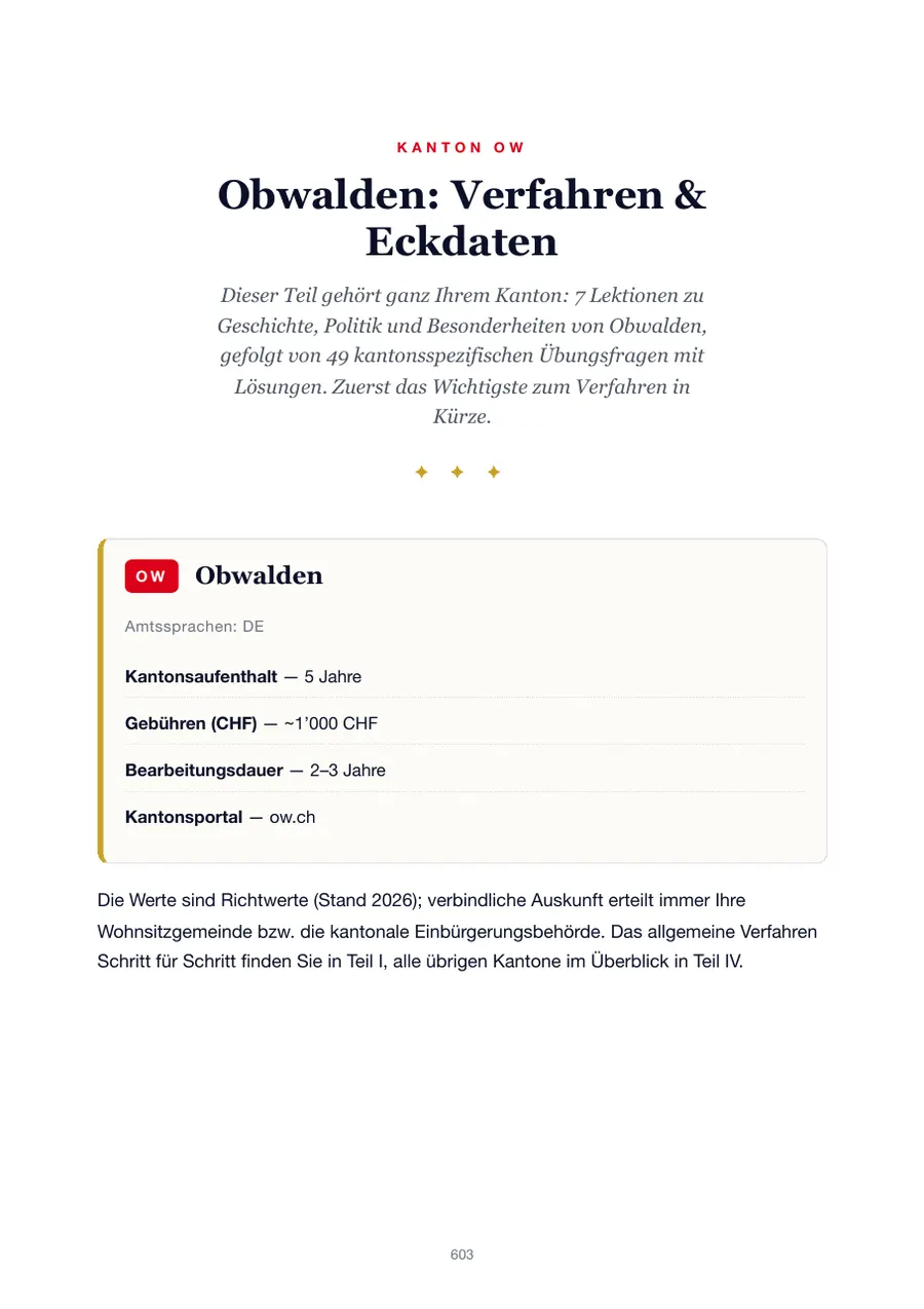 Seite aus der Obwalden-Ausgabe des Einbürgerungstest-Handbuchs mit Wohnsitzfrist, Gebühren, Bearbeitungsdauer und Kantonsportal