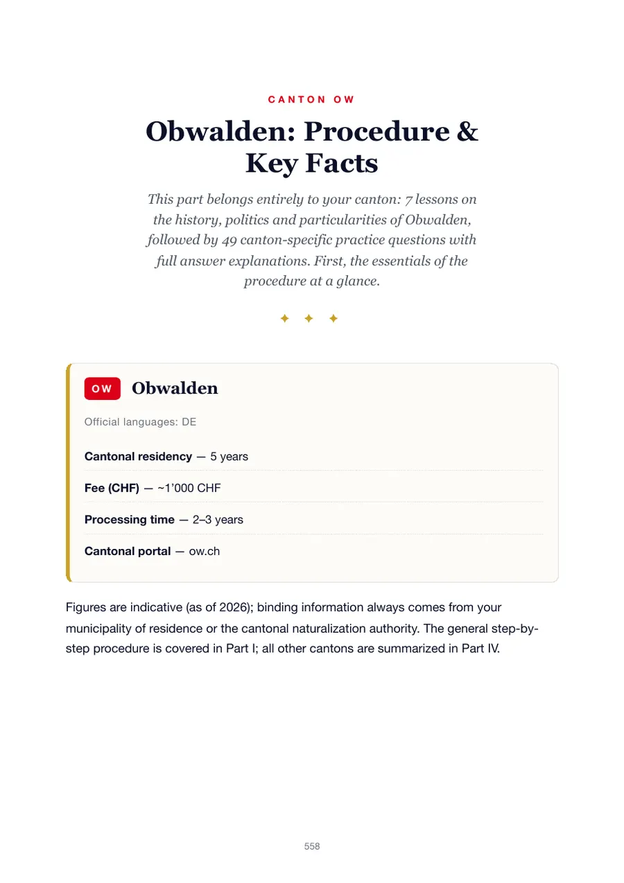 Page from the Obwalden edition of the Swiss citizenship test handbook showing the residency requirement, fees, processing time and cantonal portal