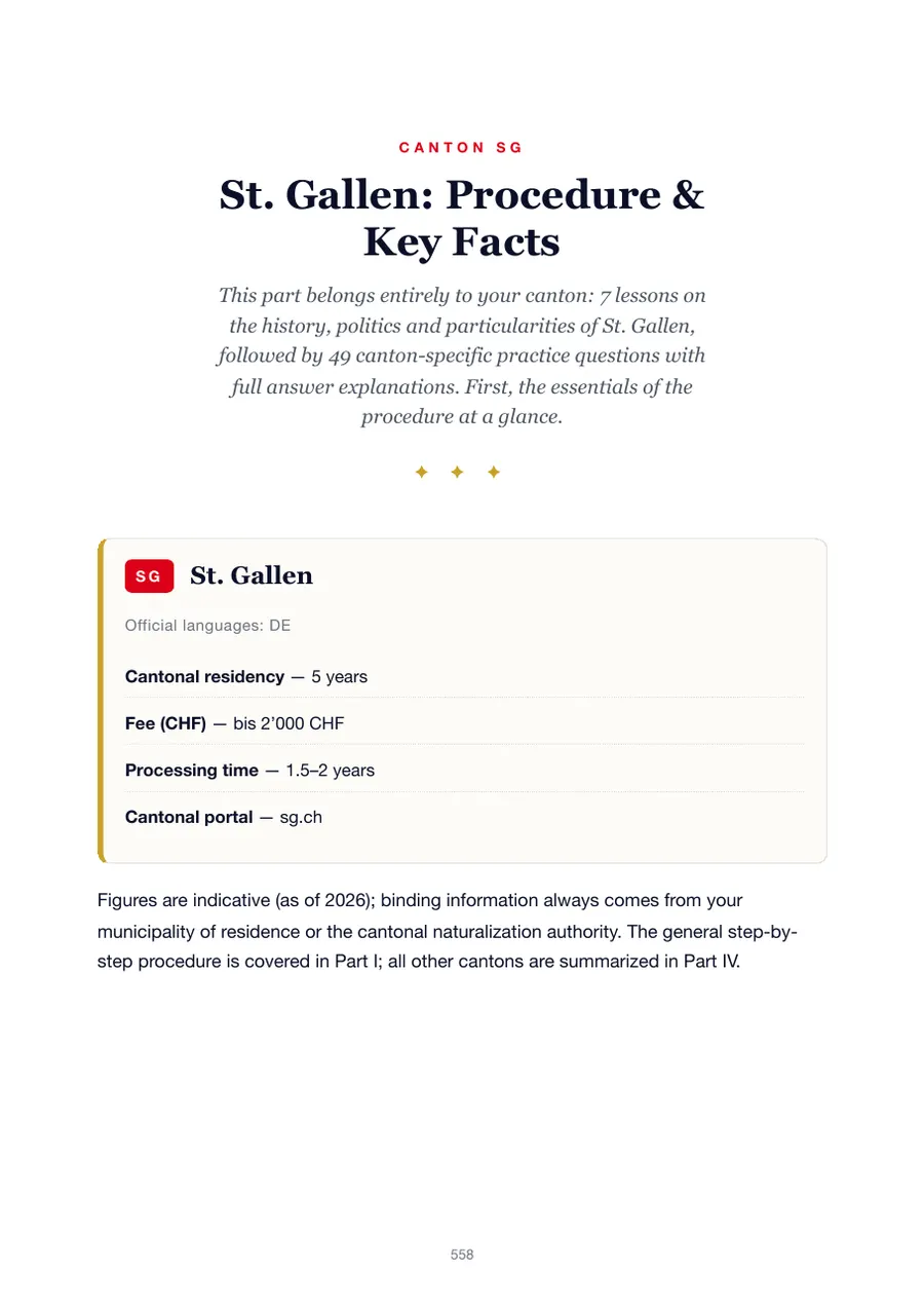 Page from the St. Gallen edition of the Swiss citizenship test handbook showing the residency requirement, fees, processing time and cantonal portal