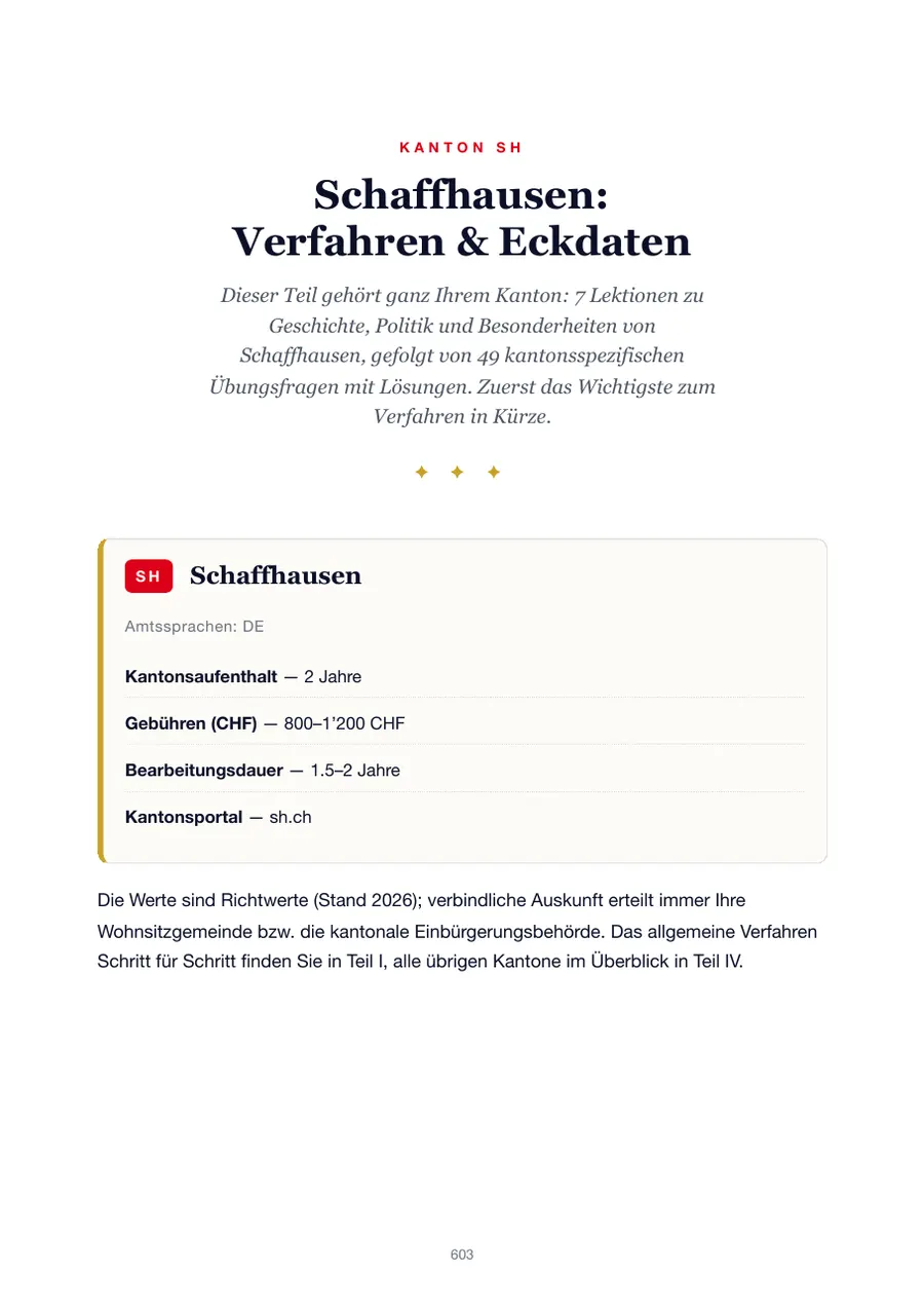 Seite aus der Schaffhausen-Ausgabe des Einbürgerungstest-Handbuchs mit Wohnsitzfrist, Gebühren, Bearbeitungsdauer und Kantonsportal