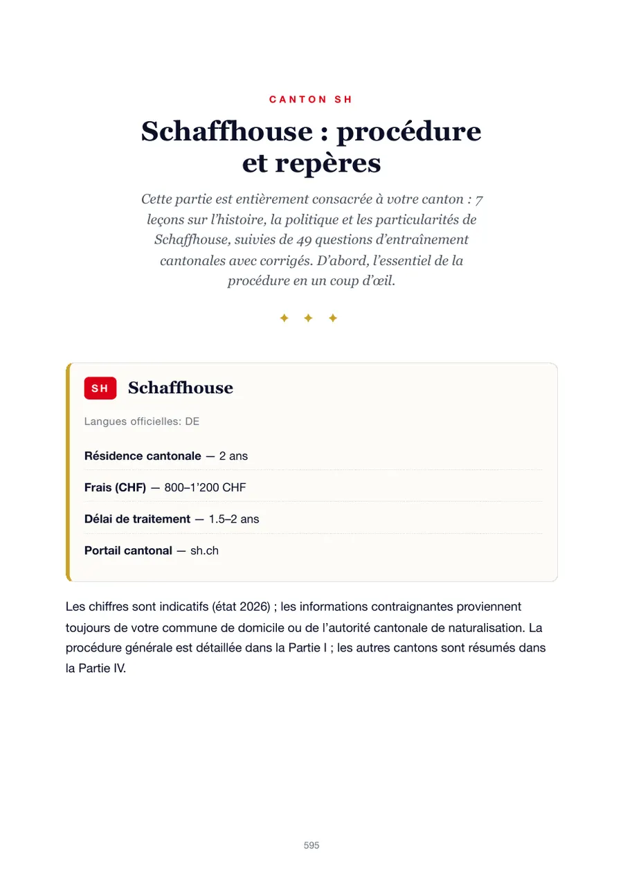 Page de l'édition Schaffhouse du manuel du test de naturalisation avec durée de résidence, frais, délai de traitement et portail cantonal