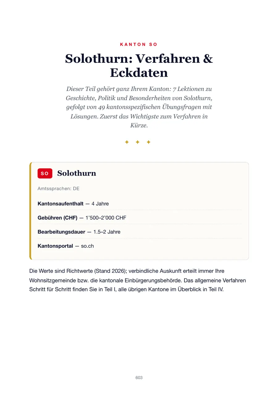 Seite aus der Solothurn-Ausgabe des Einbürgerungstest-Handbuchs mit Wohnsitzfrist, Gebühren, Bearbeitungsdauer und Kantonsportal