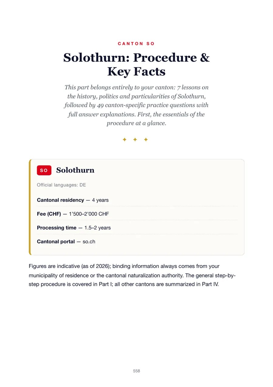 Page from the Solothurn edition of the Swiss citizenship test handbook showing the residency requirement, fees, processing time and cantonal portal
