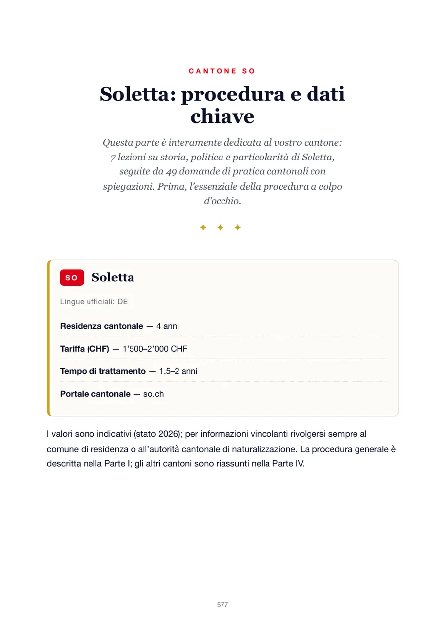 Pagina dell'edizione Soletta del manuale del test di naturalizzazione con anni di residenza, tasse, tempi di trattamento e portale cantonale