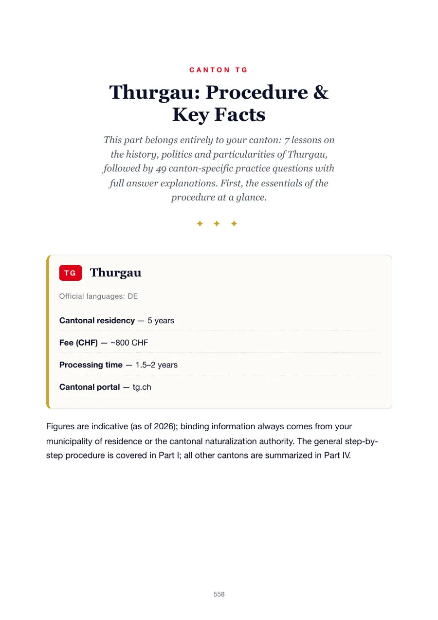 Page from the Thurgau edition of the Swiss citizenship test handbook showing the residency requirement, fees, processing time and cantonal portal