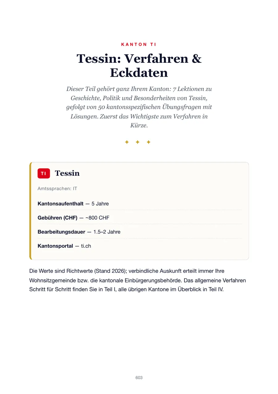 Seite aus der Tessin-Ausgabe des Einbürgerungstest-Handbuchs mit Wohnsitzfrist, Gebühren, Bearbeitungsdauer und Kantonsportal