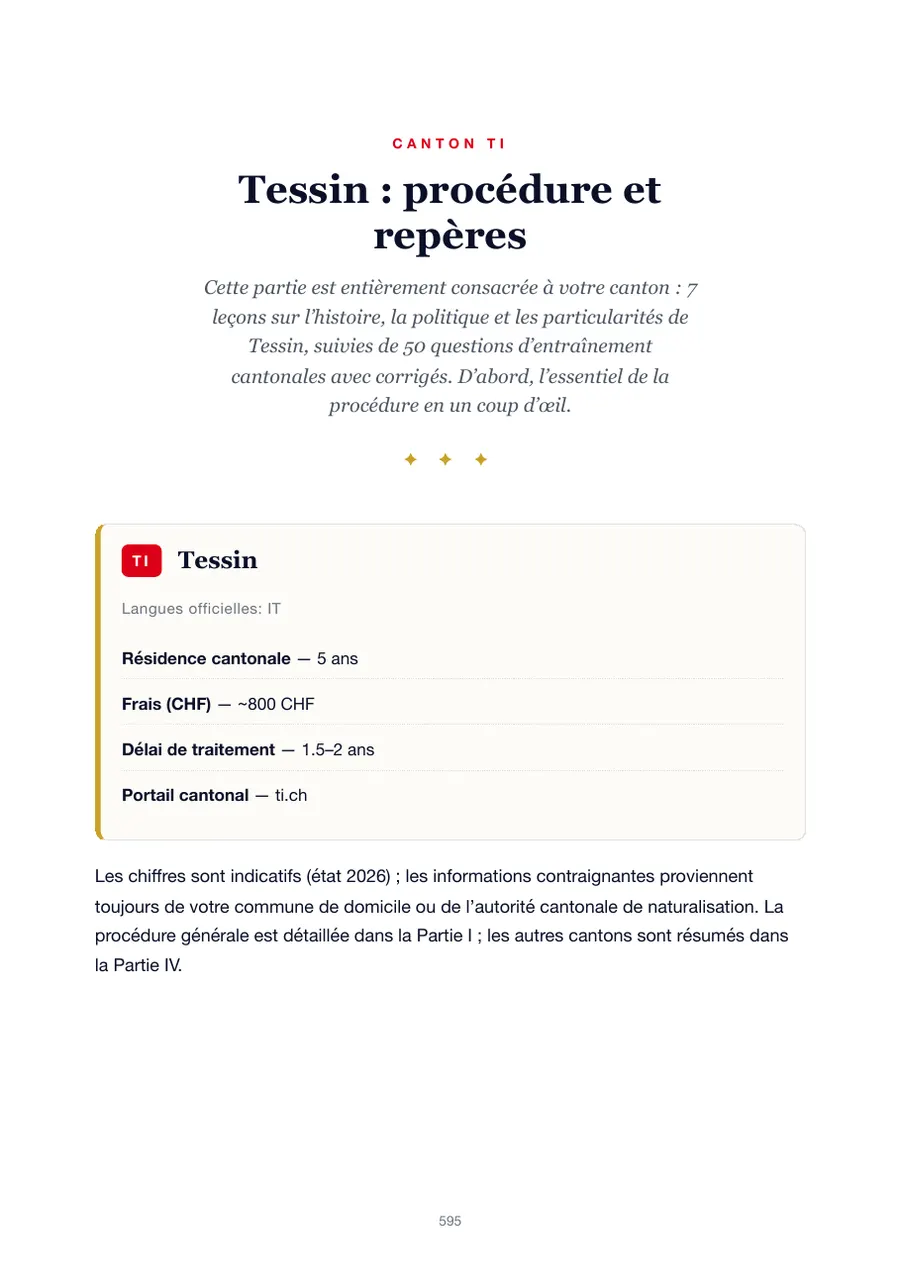 Page de l'édition Tessin du manuel du test de naturalisation avec durée de résidence, frais, délai de traitement et portail cantonal