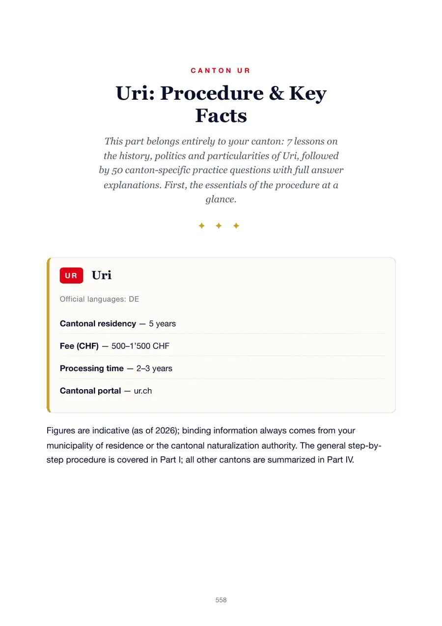 Page from the Uri edition of the Swiss citizenship test handbook showing the residency requirement, fees, processing time and cantonal portal