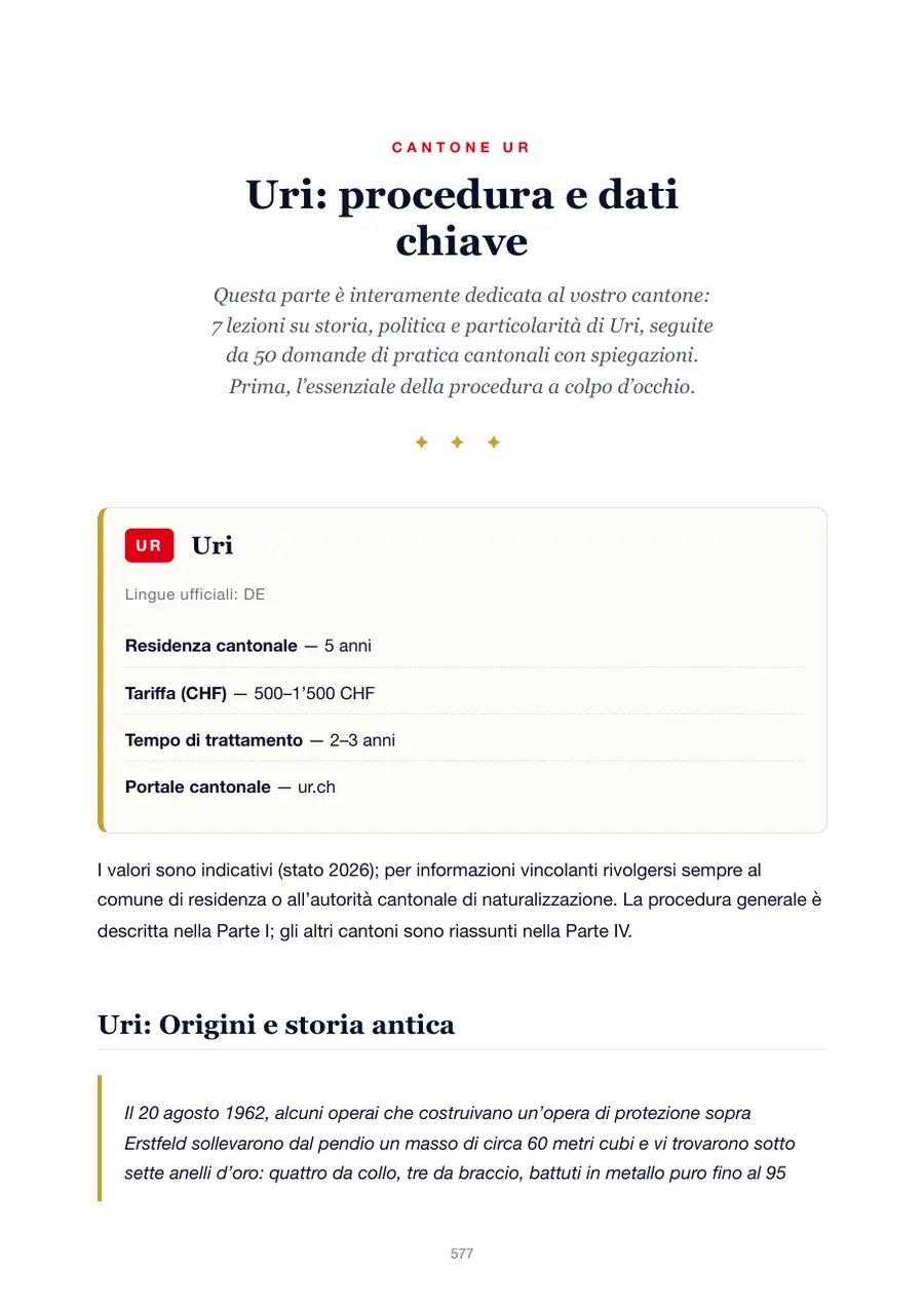 Pagina dell'edizione Uri del manuale del test di naturalizzazione con anni di residenza, tasse, tempi di trattamento e portale cantonale