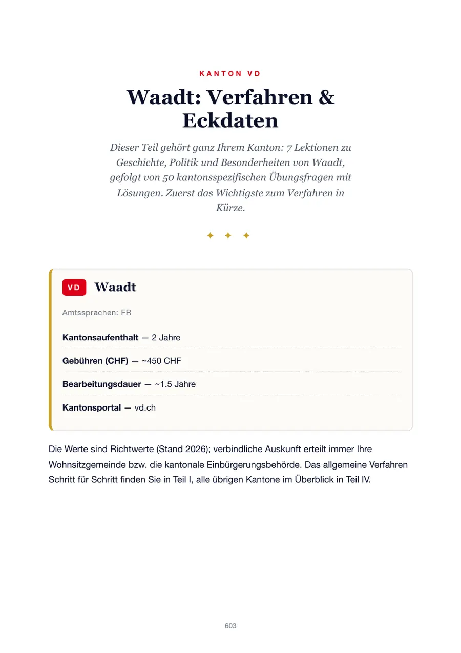 Seite aus der Waadt-Ausgabe des Einbürgerungstest-Handbuchs mit Wohnsitzfrist, Gebühren, Bearbeitungsdauer und Kantonsportal