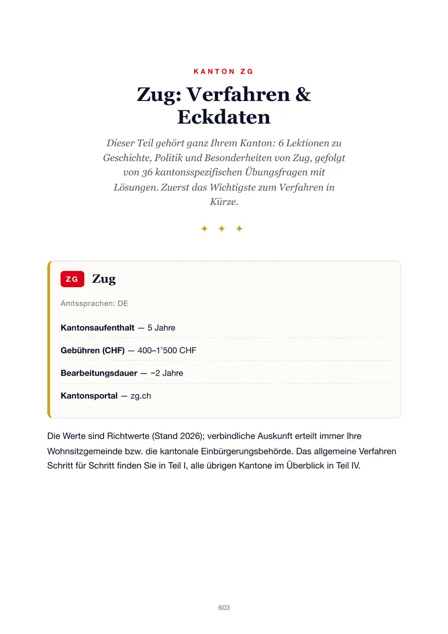 Seite aus der Zug-Ausgabe des Einbürgerungstest-Handbuchs mit Wohnsitzfrist, Gebühren, Bearbeitungsdauer und Kantonsportal