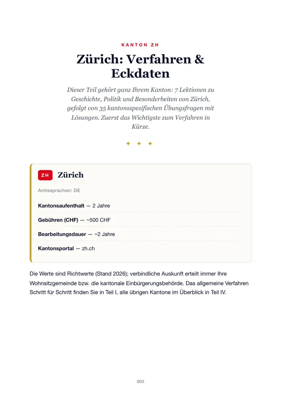 Seite aus der Zürich-Ausgabe des Einbürgerungstest-Handbuchs mit Wohnsitzfrist, Gebühren, Bearbeitungsdauer und Kantonsportal