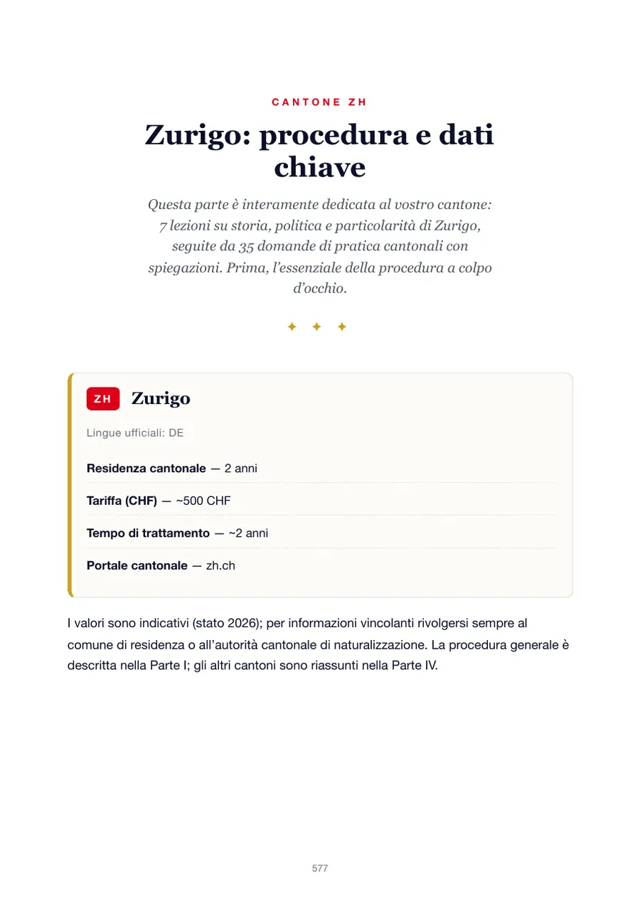 Pagina dell'edizione Zurigo del manuale del test di naturalizzazione con anni di residenza, tasse, tempi di trattamento e portale cantonale
