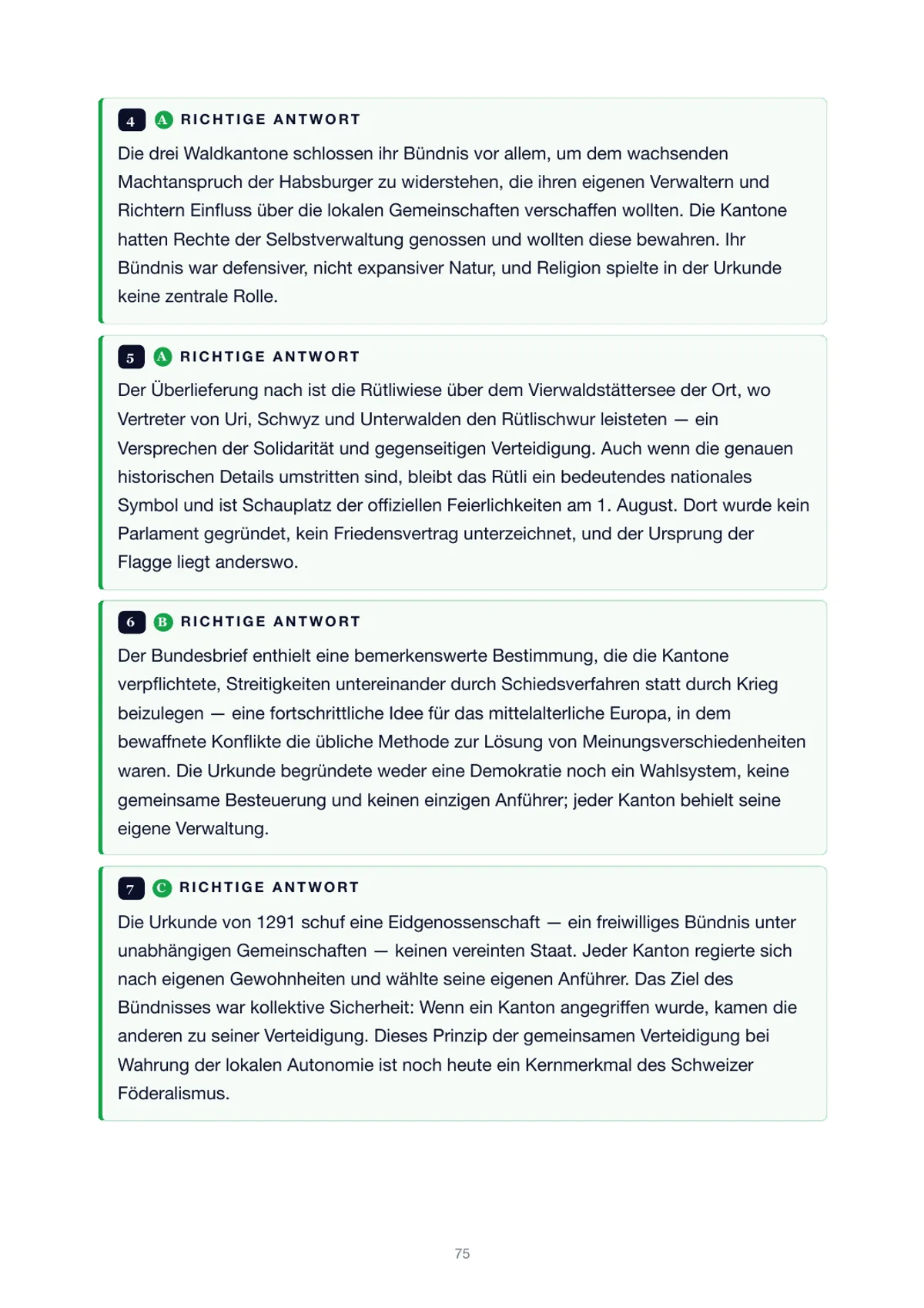 Lösungsseite des Kapiteltests mit Begründung der richtigen Antworten