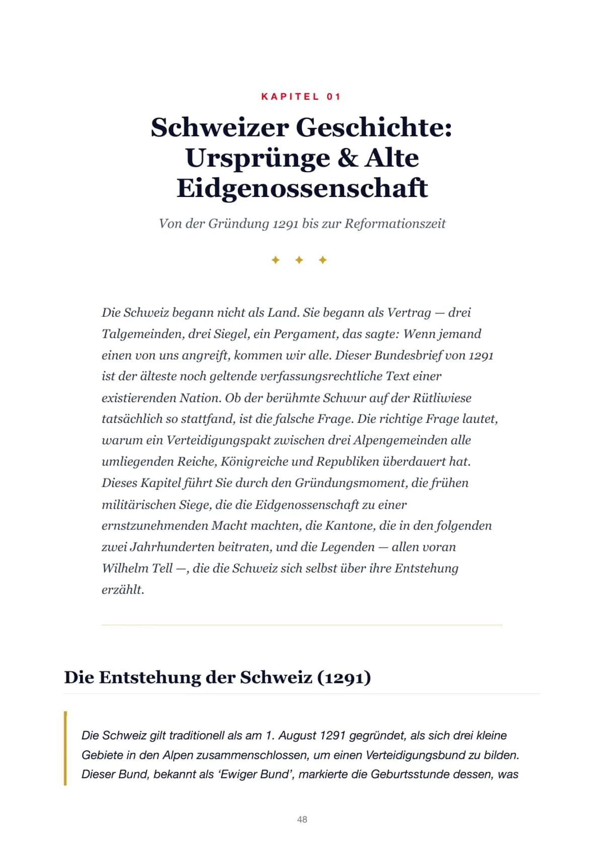 Auftaktseite von Kapitel 1, Schweizer Geschichte, mit Einleitung und erster Lektion